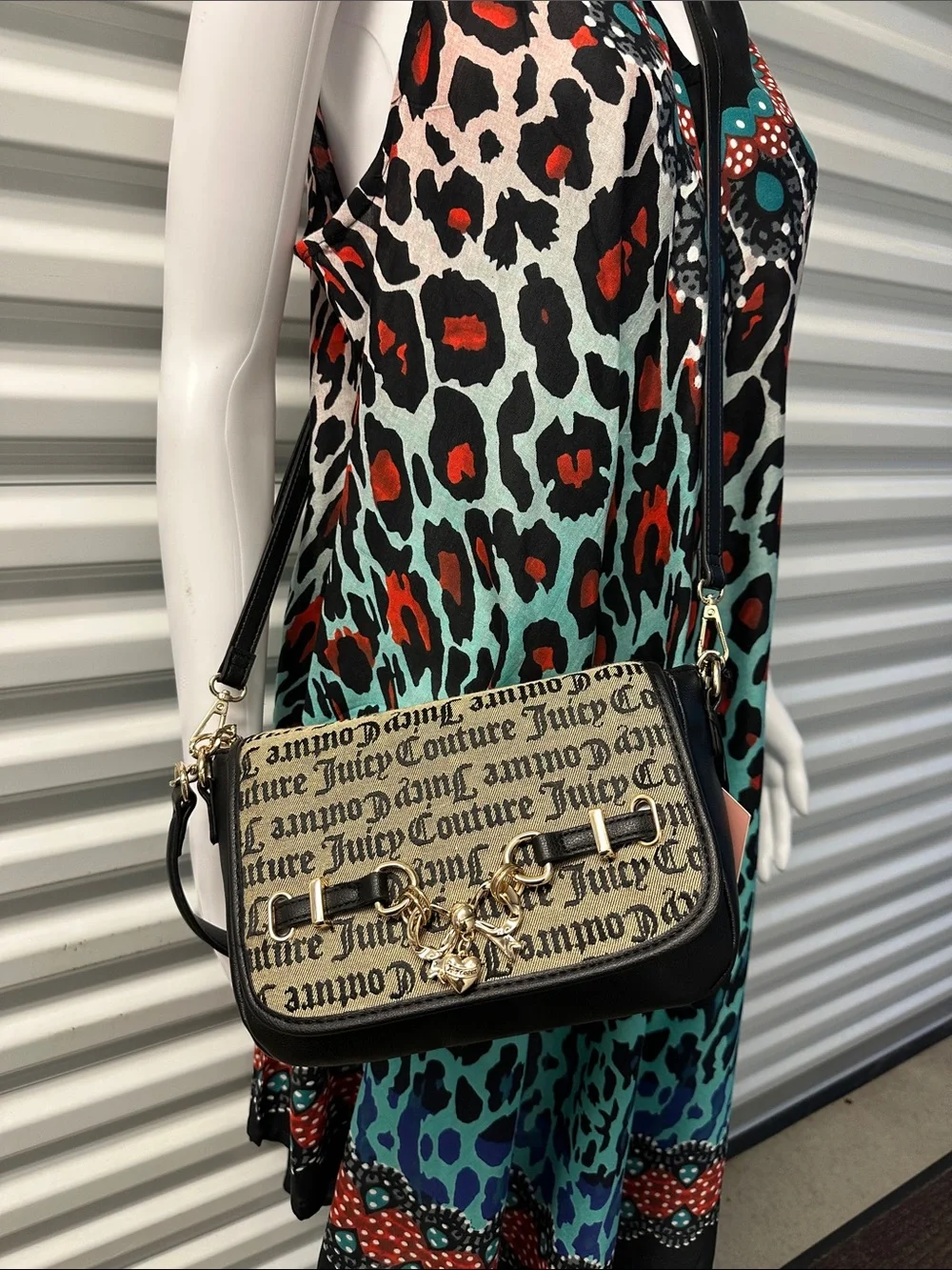 Juicy Couture Crossbody Saddle Bag with Script Print - Black/Beige NWT